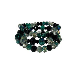 Lot 3 Beaded Faceted Black Green Clear Stretch Bracelets Sparkly Fashion